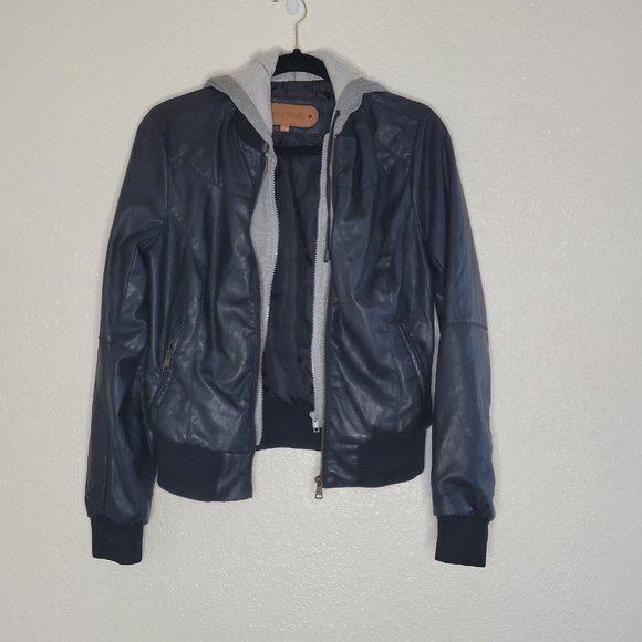 Miss Posh Faux Leather & Terry Black Gray Full Zip Hooded Jacket Size Medium - Picture 6 of 10